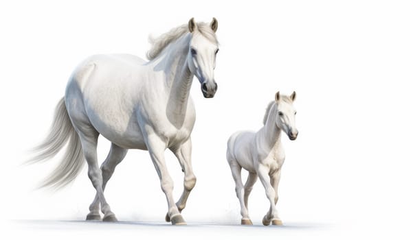 Beautiful horse with her foal isolated on white background. Artificial art.