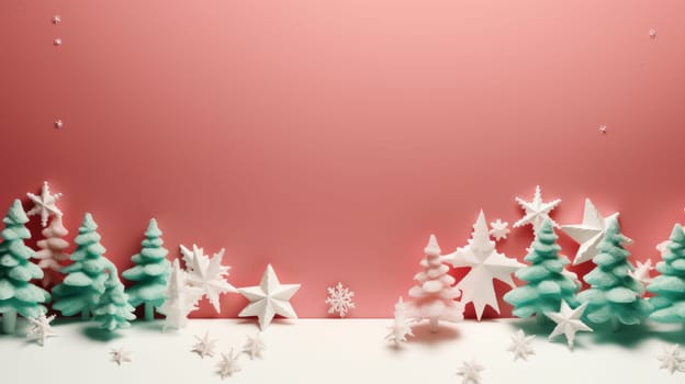 Pink christmas holiday stars background in pink and bright colours. Winter theme wallpaper. Artificial Art