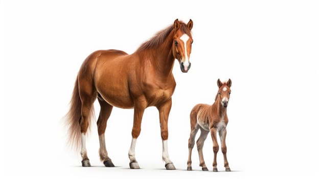 Beautiful horse with her foal isolated on white background. Artificial art.