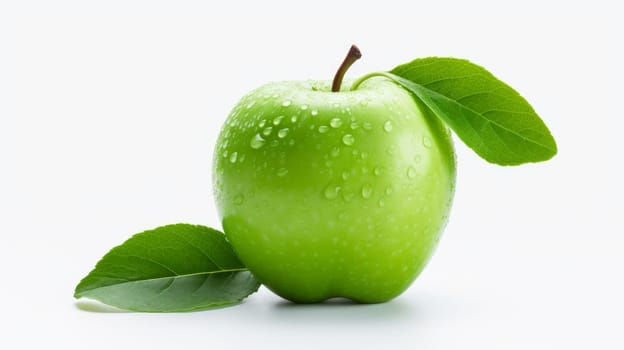 Fresh green apple with green leaves and waterdrops over white background. Artificial Art.