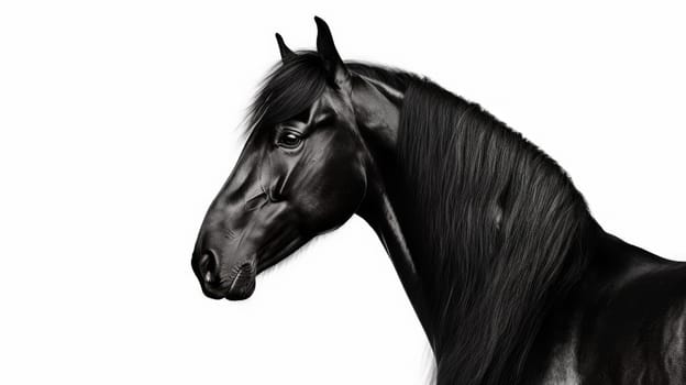 Beautiful black frisian stallion close up portrait on white background. Artificial Art.