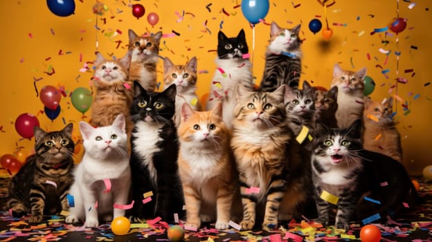 Beautiful Kitten with Party decoration with balloons - concept for advertising and balloons. Artificial Art