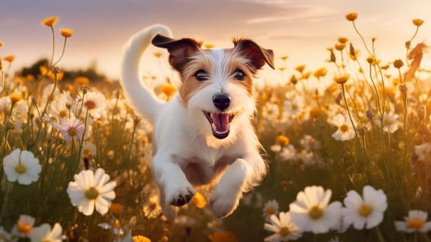 Beautiful young Terrier runs through colorful blooming meadow with Flowers. Artificial Art