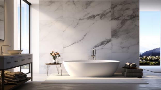 Beautiful bathroom in luxury home with bathtub, and shower. artificial art