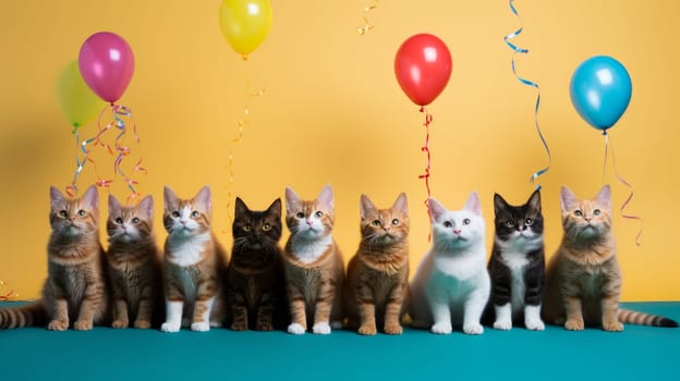 Beautiful Cats with Party decoration with balloons - concept for advertising and balloons. Artificial Art