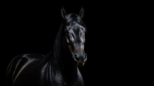 Beautiful black frisian stallion close up portrait on black background. Artificial Art.
