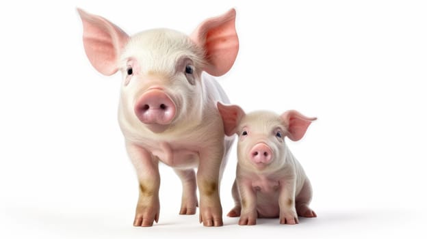 Mother Pig with her piglet baby isolated on white background