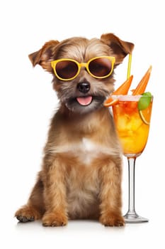 Tiny Terrier Dog with eyeglass and delicious Cocktail on bright background. Artificial Art