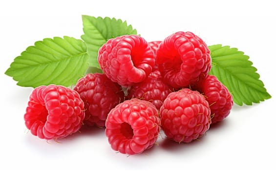 Fresh Raspberries with green leaves isolatd on white background. artificial art