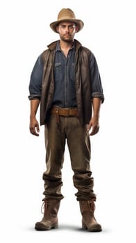 Farmer with hat standing in studio isolated on white background. artificial art