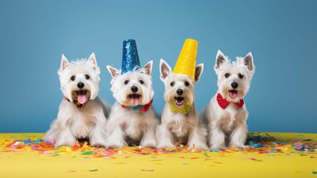 Funny west highland terrier with party decoration . Artificial Art