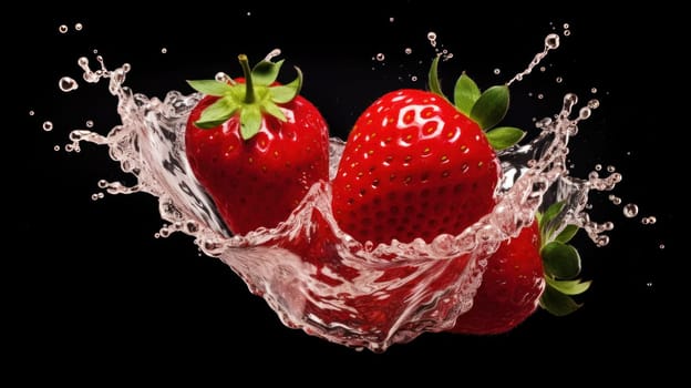 Fresh Strawberry - Water splash with black background. artificial art