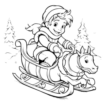 Boy Riding On Sleigh Coloring Page For Kids