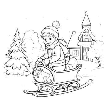 Boy Riding On Sleigh Coloring Page For Kids