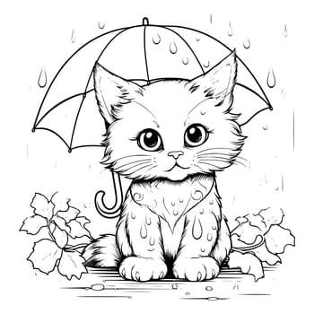 Cat In Rainy Day Coloring Page For Kids