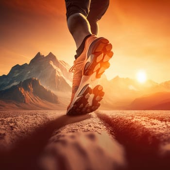 jogging feet in sports shoes run along the ground towards the mountains close-up.