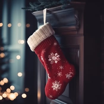 Christmas red with snowflakes sock for gifts on fireplace close-up.