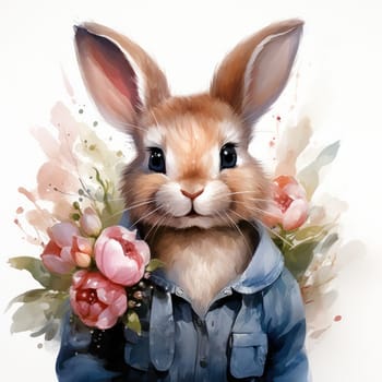 Cute little bunny boy with flowers close-up on a white background in watercolor style.drawing for a children's book or print for clothing