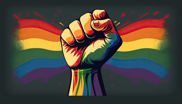 Fist on rainbow flag background. freedom and human rights