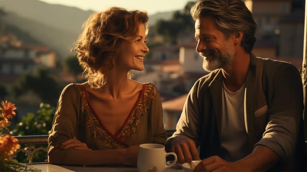 Joyful middle-aged couple, man and woman, on the veranda in the garden
