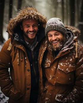 Happy couple, friends on a snowy day before Christmas. Christmas Eve.