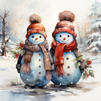 Snowmen in knitted hats and scarves against the background of a snowy landscape with lights and a festive garland.watercolor style