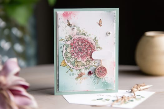 Greeting card on table, copy space.
