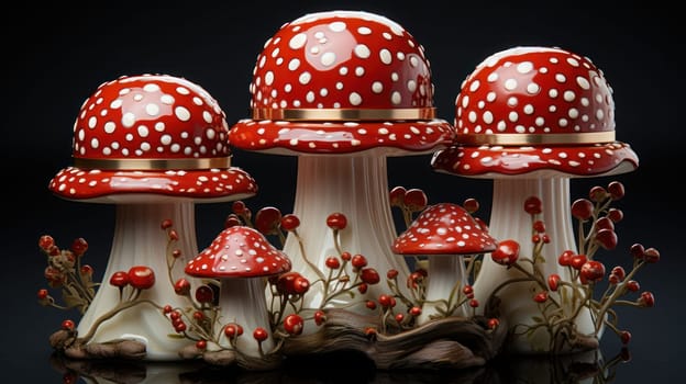 sculpture of porcelain fly agarics in a forest clearing. group of poisonous fly agaric mushrooms in the forest