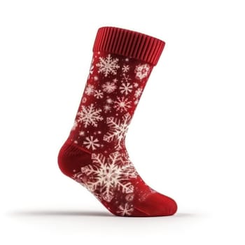 Red sock with snowflakes on white background. Christmas sock for gifts.