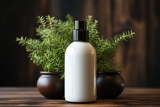 mockup of a white container for cosmetic products on a wooden table with copy space. eco friendly products for your design and label. Natural, clean cosmetics concept