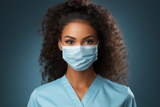 Portrait of a beautiful young African American nurse with a mask on her face. medical worker isolated, blue-green background