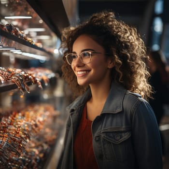 portrait of a young beautiful woman with glasses and lush wavy hair in front of a bright shop window on a blurred background. concept of shopping, discounts and Christmas.