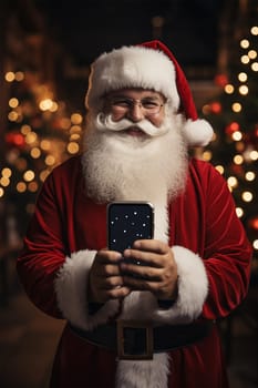 Santa Claus holds a smartphone in his hand in front of him in a shopping center on a blurred background.