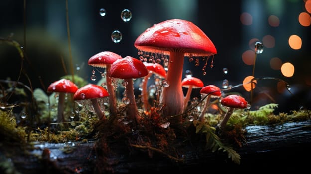 beautiful fly agaric mushrooms with drops of water after rain in a forest clearing. poisonous fly agaric mushrooms growing in the forest