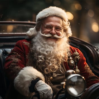 Santa Claus in a stylized retro car with embroidery and with ethnic elements on clothes.