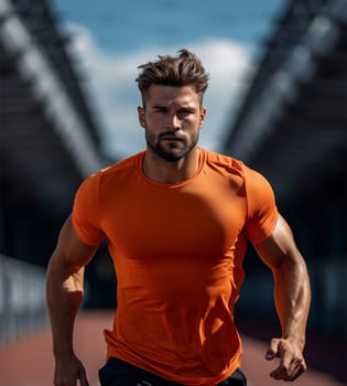 a young sports guy in a orange T-shirt runs along the stadium treadmill.