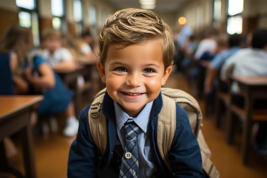 Portrait of a happy schoolboy. cute smart cheerful student in school clothes with a school backpack behind his back laughs and runs towards. knowledge and education concept