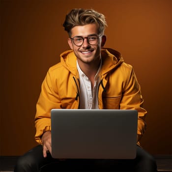 a young man in glasses and a yellow jacket with a laptop against the backdrop of a bright cafe interior.