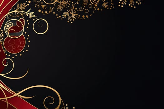 gold and red elegant Christmas ornament on black background with copy space.Greeting Christmas card