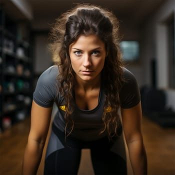 Brunette woman in sportswear in gym looking at camera.