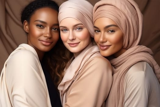 beautiful young women in muslim clothes in pastel colors posing, smiling at the camera, standing together. Portrait of modern young women.racial diversity. Women's fashion concept.