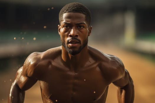 Motivation for running and training. Black runner in stadium, training outdoors