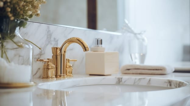 Beautiful marble sink with golden faucet in the bathroom.