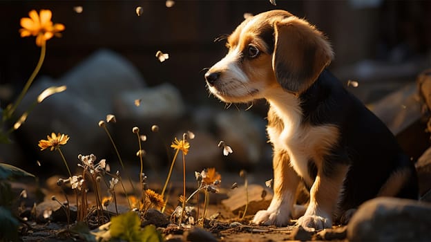 A beagle dog sits on the grass covered with fallen leaves in an autumn park against the background of falling leaves from a tree