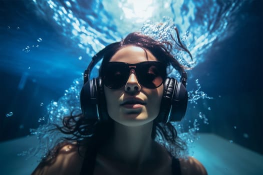 Young woman in sunglasses and headphones underwater.