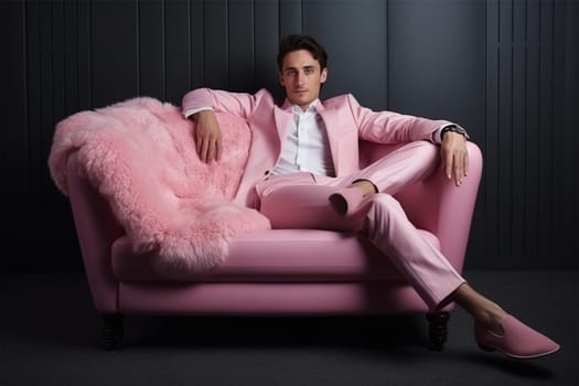 A young man in a pink suit and shoes sits comfortably on a fluffy soft fur pink chair.