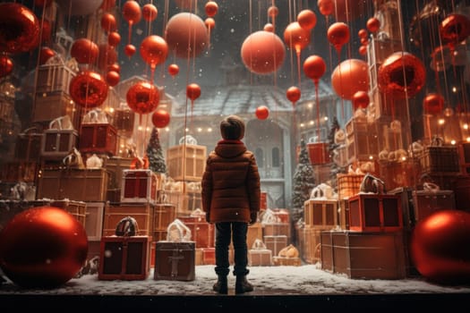 little boy looking through a display window at Christmas decorations and gifts in a store