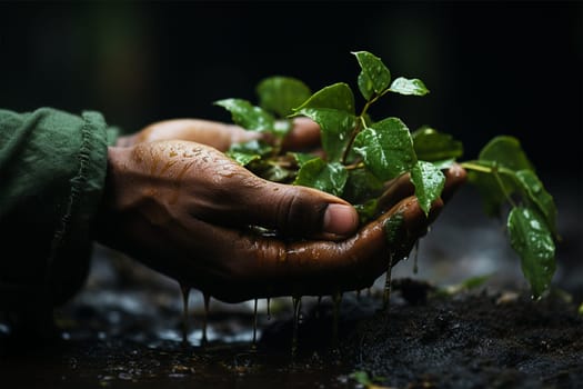 the hands of an elderly man with wrinkles hold a young tree seedling. Concept of gardening and protecting the environment and continuing life