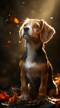 A beagle dog sits on the grass covered with fallen leaves in an autumn park against the background of falling leaves from a tree