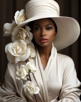 Beautiful black woman in white dress and hat.fashion portrait.